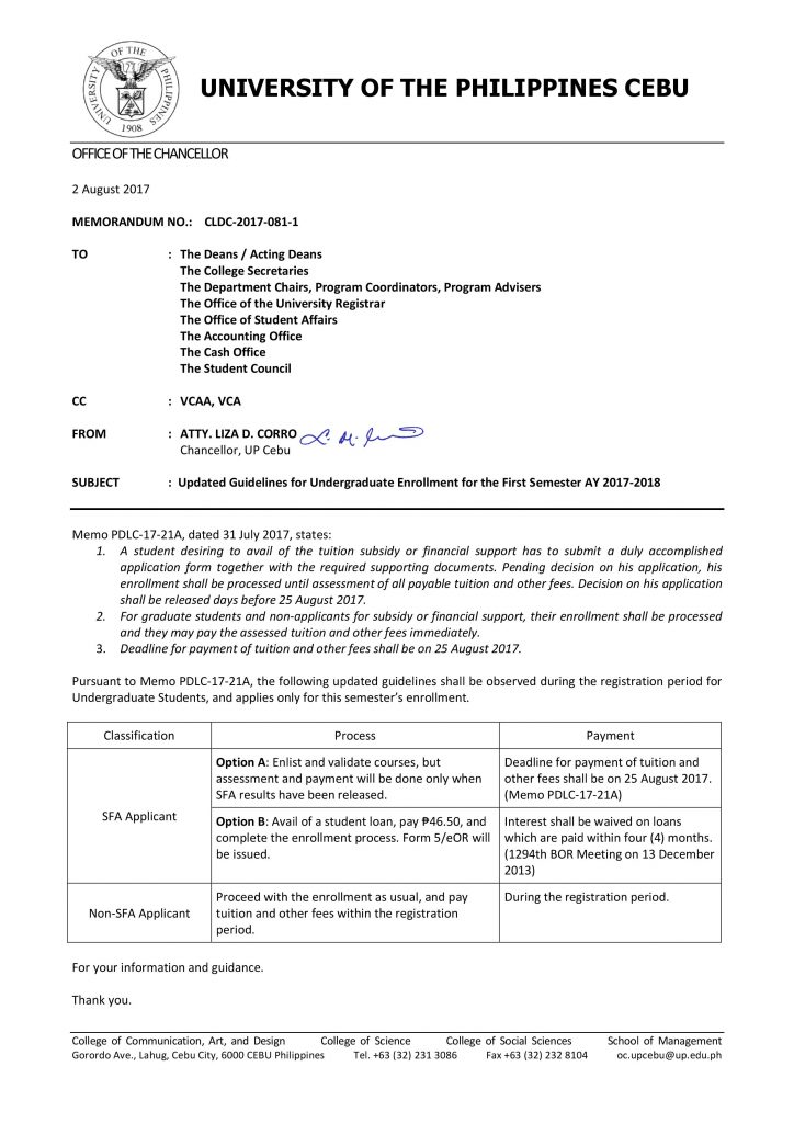 [Memo CLDC-2017-081-1] Updated Guidelines for Undergraduate Enrollment for the First Semester AY 2017-2018